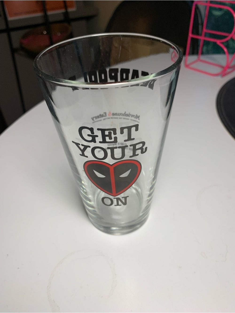 Marvel Clear Pint Glass with Black and Red Deadpool Heart Graphic